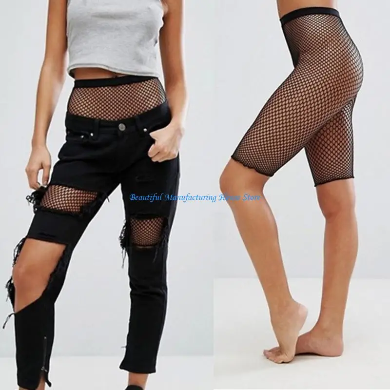 

E56A Womens Shorts High Waist Mesh Short Leggings See Through Tights Cover Up