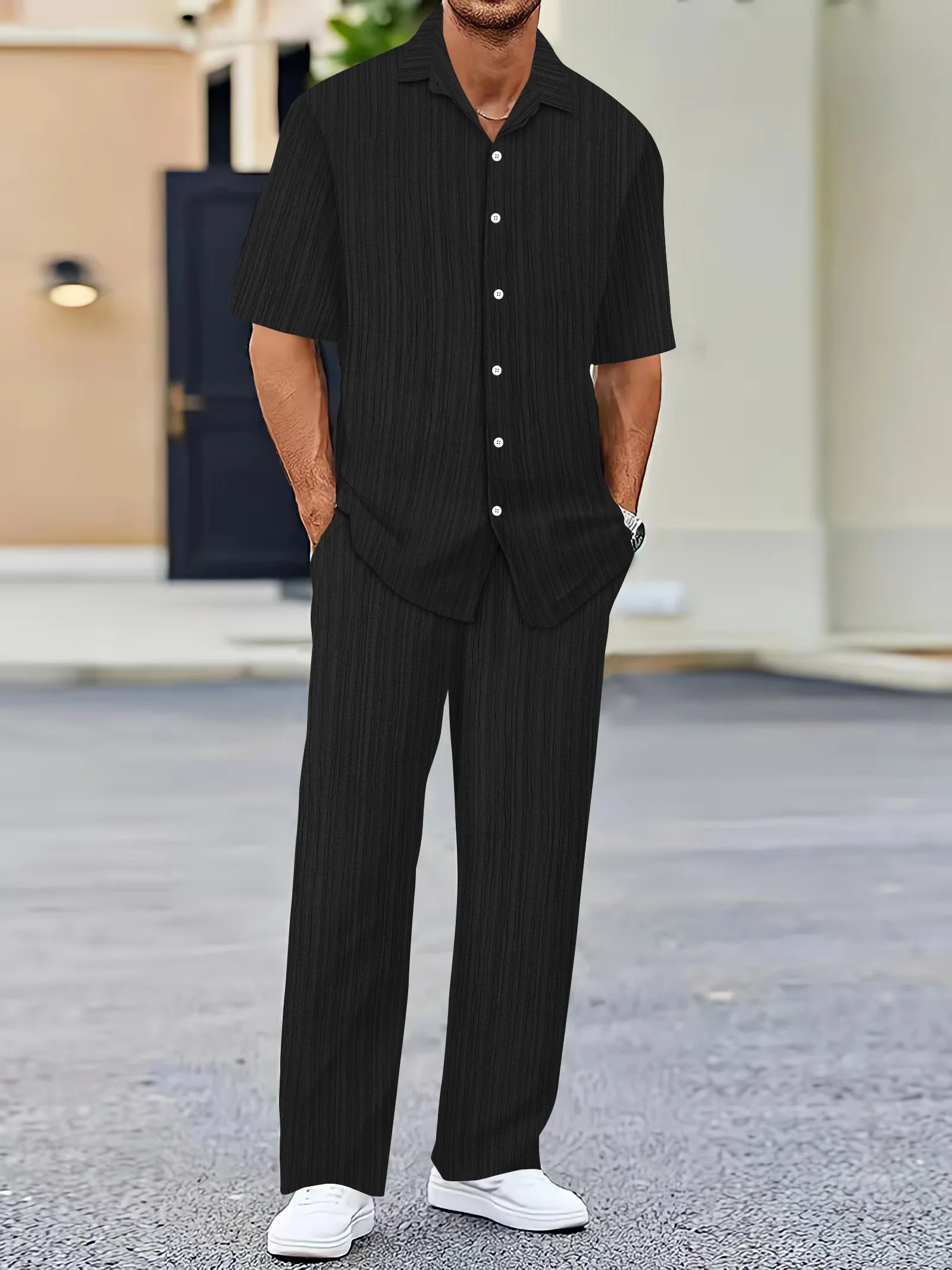 Fato de praia casual solto masculino, cor sólida, calça listrada de manga curta, camisa do sudeste asiático, 2 peças