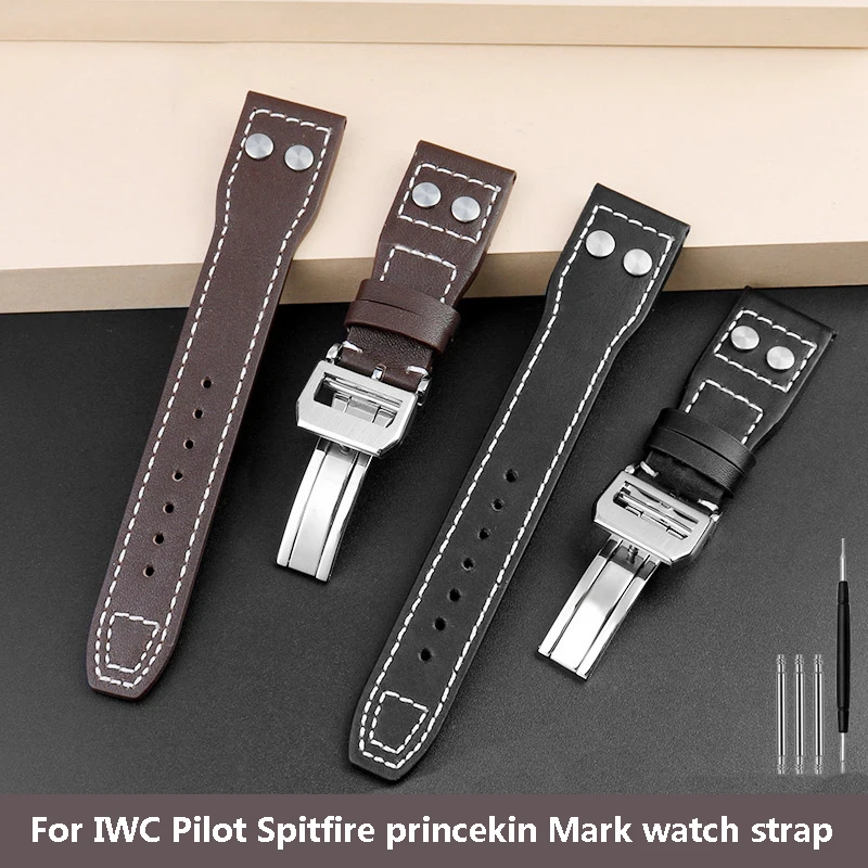 สําหรับนักบิน IWC Spitfire princekin Mark dermis นาฬิกา 20 มม.21 มม.22 สีดําสีน้ําตาล cowhide สายรัดข้อมือพับหัวเข็มขัด