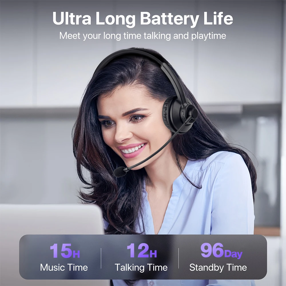 Office Wireless Bluetooth V5.0 Headphone With Microphone Noise Cancelling Truck Driver Headset With 12H Talking Time for Call Ce