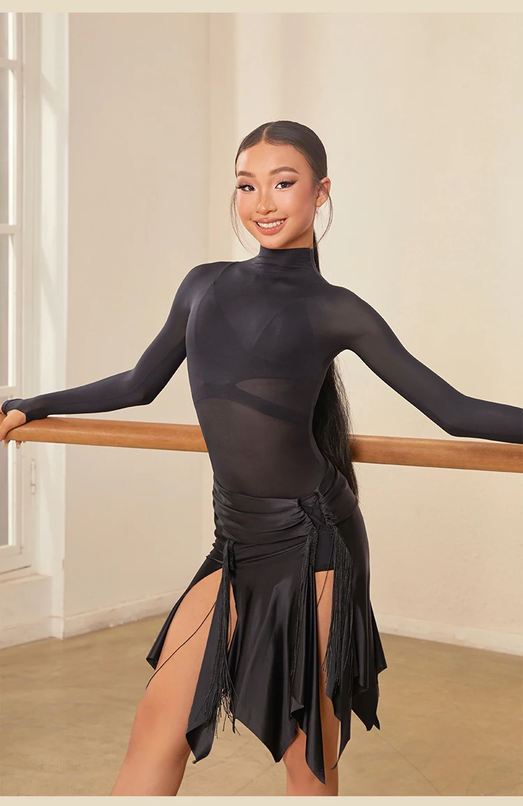 ชุดเต้นลาตินเด็กหญิงแบบกระโปรงครึ่งตัว ดีไซน์ไม่สมมาตร โดดเด่นมีเอกลักษณ์ พร้อมกางเกงซับในสำหรับฝึกซ้อม