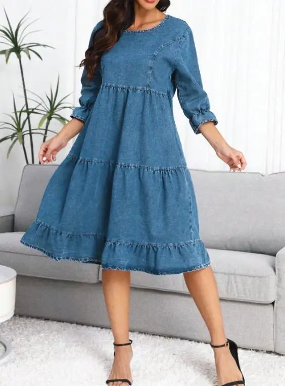 Vestido largo holgado de manga larga de mezclilla de otoño para mujer estilo clásico nueva moda femenina Casual vestidos de línea A