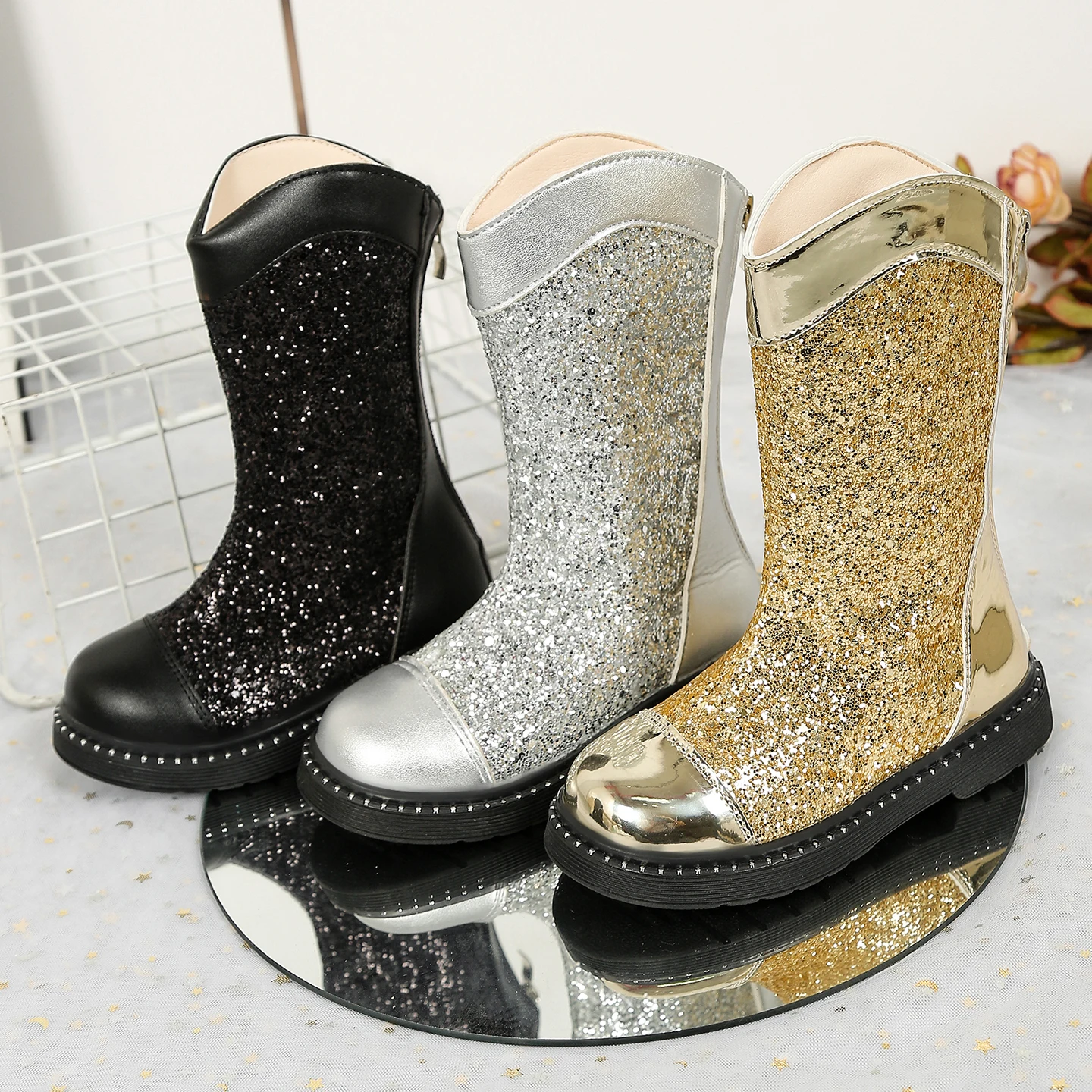 

Kids Western Cowboy Boots Fashion Crystal Flower Lolita Style Bling Sequins Child Ankle Boots Low Heels Party AddvelvetGirlShoes
