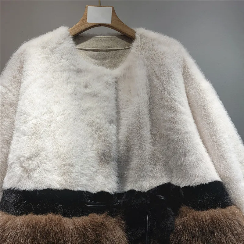 Women's 2024 Winter New Feminine Coat Color Matching Imitation Fox Hair Long-sleeve Round Neck Faux Fur Eco-friendly Mink Coats