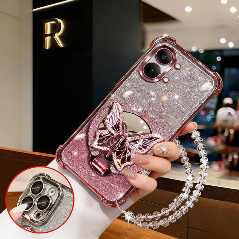 Butterfly Mirror Holder Phone Case for Xiao Mi Poco X8 Pro Max M8 F8 Ultra X7 Pro F7 M7 Bracelet with Four Corner Airbag Shell
