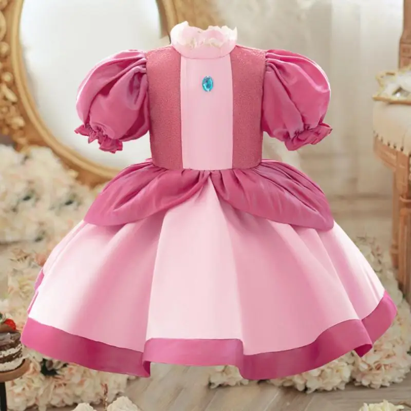 Little Girl's New Princess Peach Dress with Bubble Sleeves Patchwork Role-Playing Dress Halloween Christmas Cosplay Dress