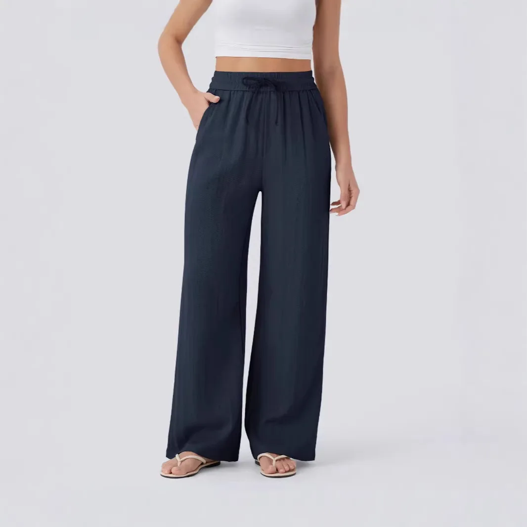 Pant women 2026 casual high-waisted drawstring side pocket casual linen pants flowing wide-leg beach pants elastic tightness