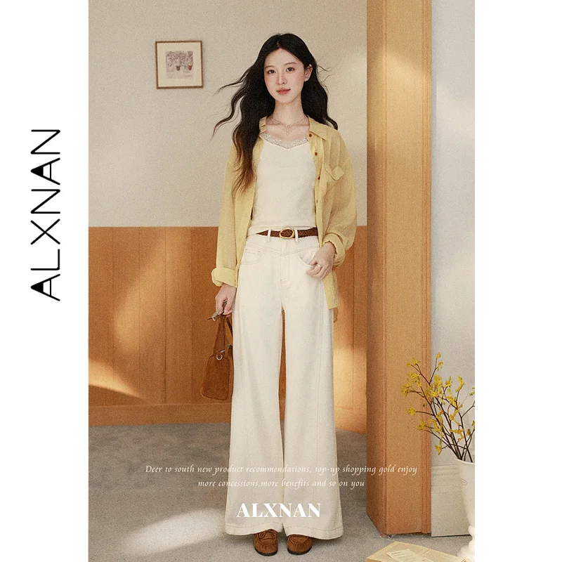 ALXNAN White High Waist Jeans Good Drape Straight Leg Slant Side Pockets Denim Pants Casual Cotton 100% Female Bottom L67612