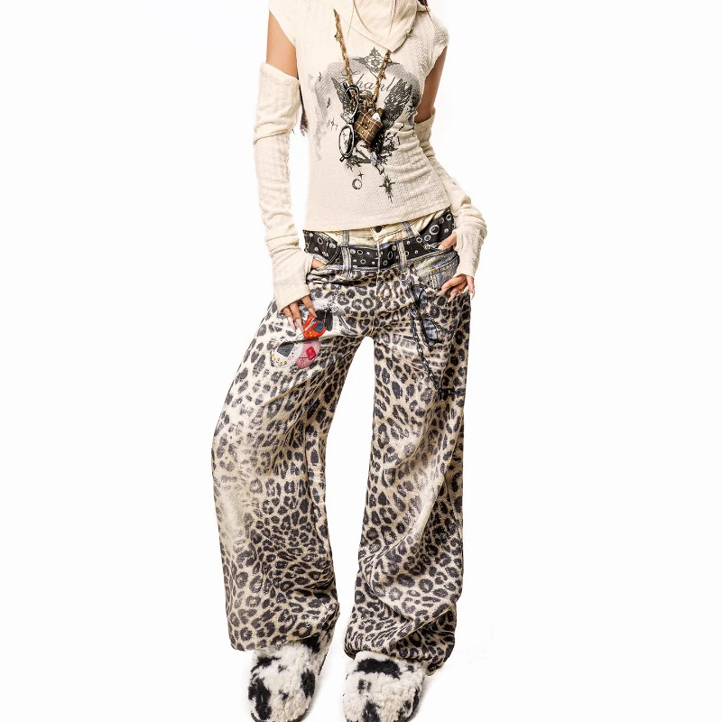 European American Leopard Print Women's Jeans 2025 Autumn New Vintage Design Gradient Hot Girl Straight Wide-Leg Pants Ladies