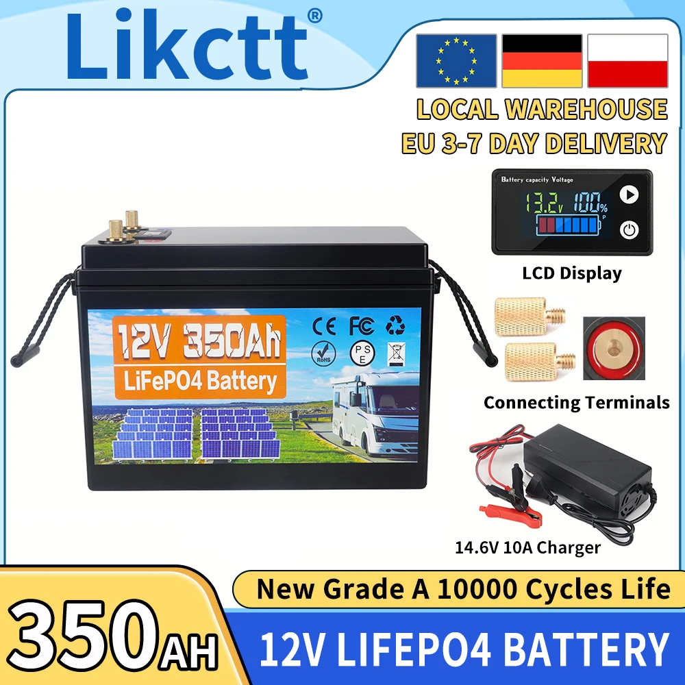 EU Stock 12V 350Ah LiFePO4 Batterij met 100A BMS Lithium IJzer Fosfaat Cel 10000+ Diepe Cycli voor Maritiem, Trolling Motor, Zonne-energie