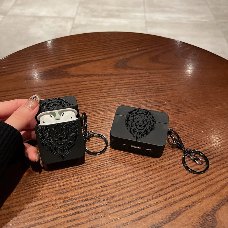 Lion Pattern Simple Black Silicone Case For Airpods Pro2 Airpods4 3 2 1 Wireless Bluetooth Earphone Protective Soft Cover
