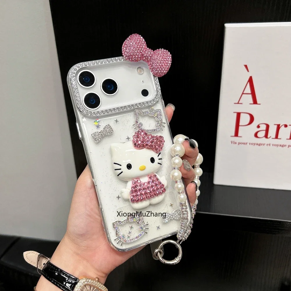 3D-Stereoskopische Handyhülle für iPhone 18 17 16 15 14 13 12Pro Max Niedliche Cartoon Sanrio Hello Kitty Schleife Glitzernde Lanyard-Hülle – Detail 5