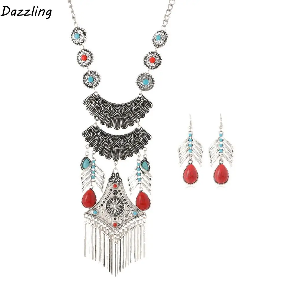 

Imitation Turquoise Long Tassels Necklace Earrings Exaggerated Vintage Ethnic Style Jewelry Set Alloy Exquisite Neck Jewelry