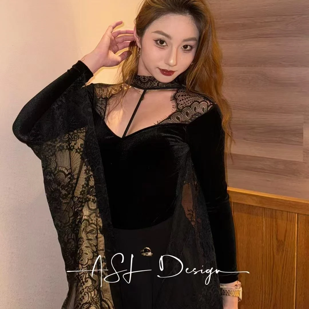 

Black Lace Velvet Ballroom Dance Tops Women Adult Performance Costume Waltz Performance Clothes Practice Training Bodysuit 14600