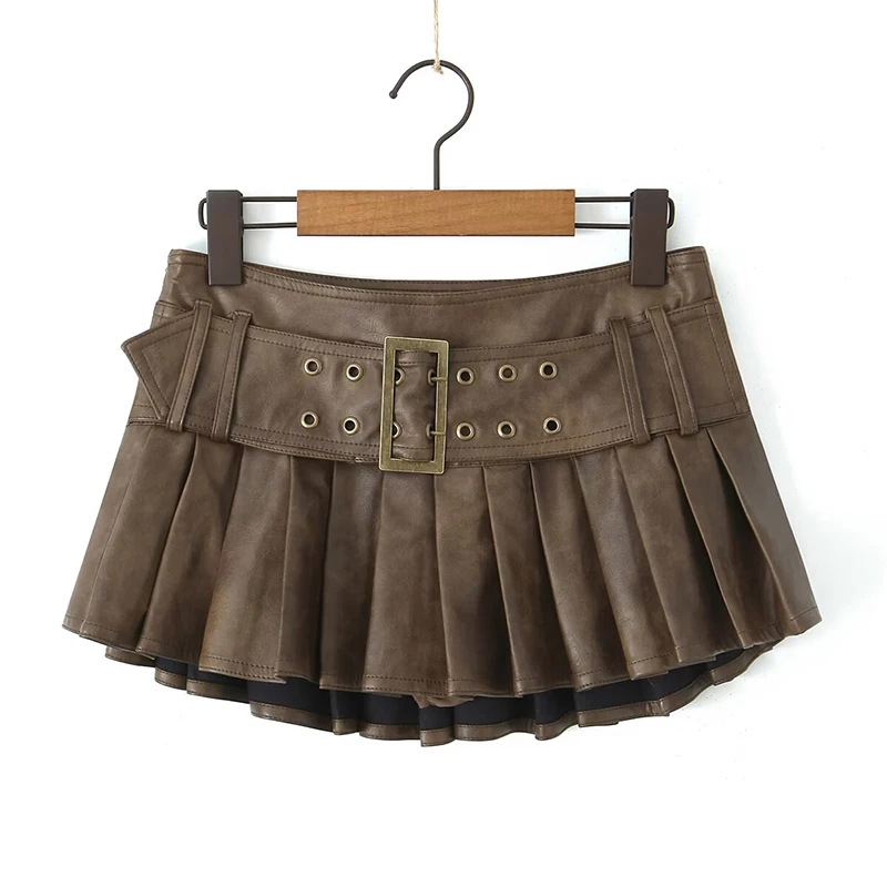 

YENKYE American Retro With Belt Pleated Mini Skirt Women Low Waist Brown Faux Leather Skirts Cool Girl PU Y2K saia