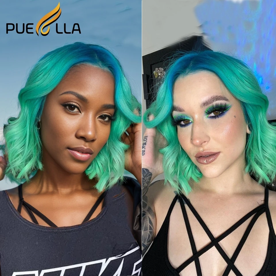 

Remy Brazilian 13x4 Ombre Lace Front Wig Human Hair Bob Mint Green Wigs For Women Pixie Cut Body Wave 4x4 Wig