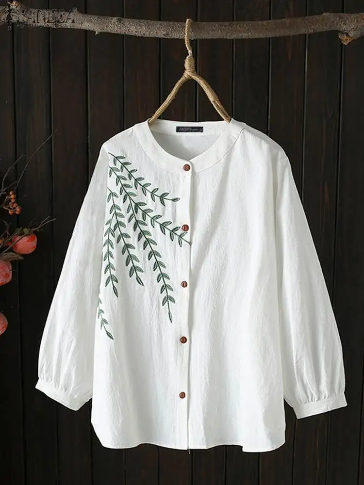 

ZANZEA 2024 Summer Casual Long Sleeve Button Shirt Women Baggy Embroidery Blouse Elegant O-neck Tops Oversized Solid Tunic Femme