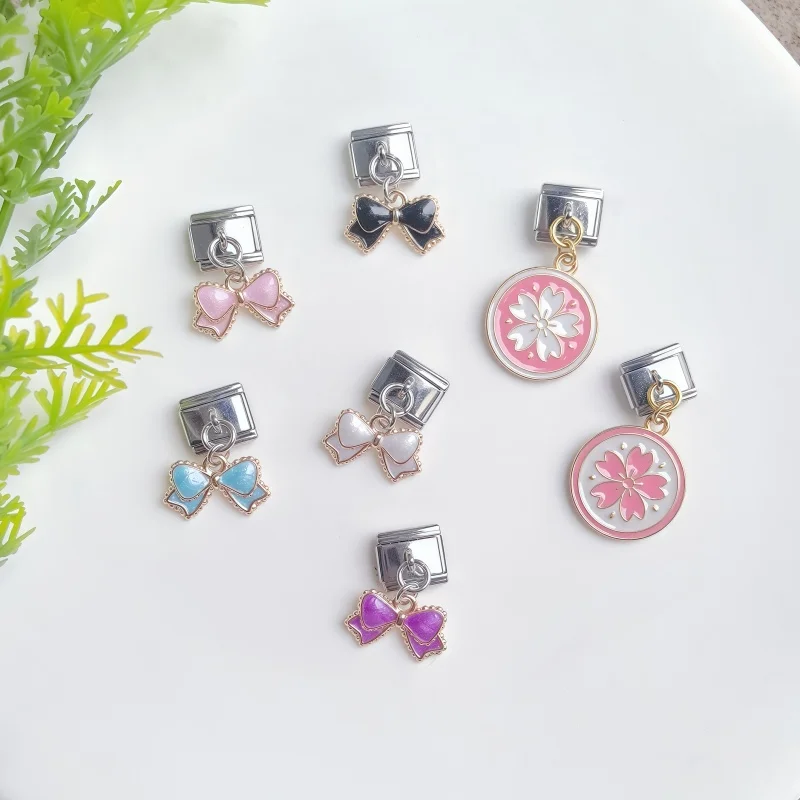 

New Bowknot Cherry Blossom Italian Charm Bracelet Pendant Fit 9mm Stainless Steel Women Jewelry DIY Making Wholesale