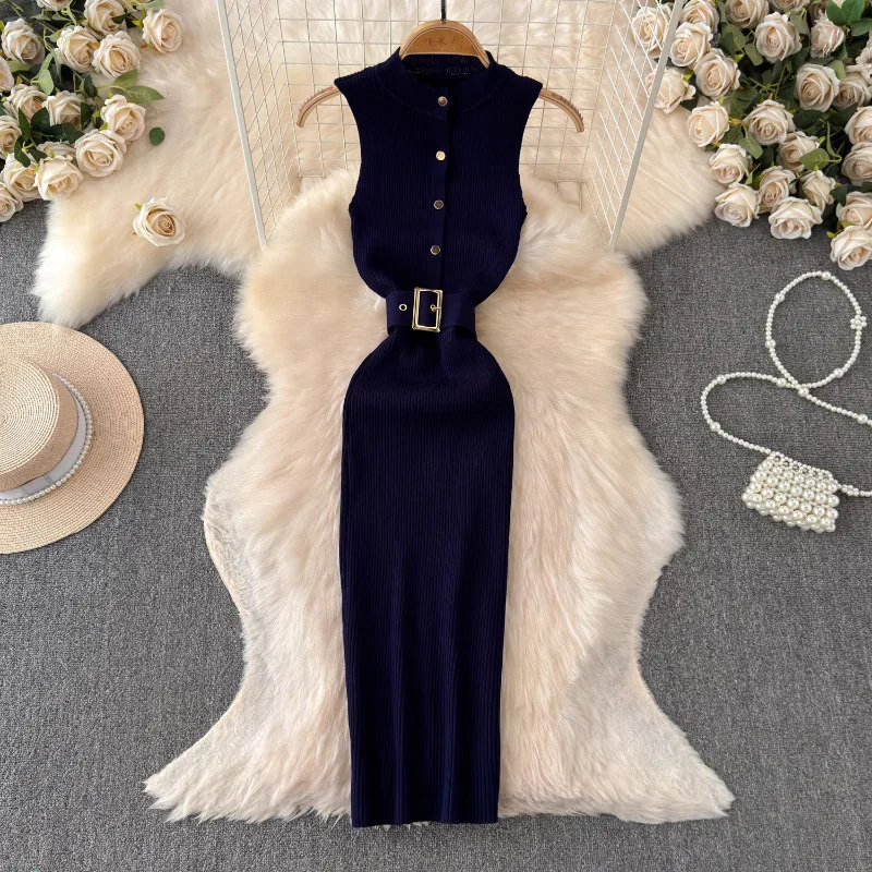 Neploe Stand Collar Single Breasted Dress for Women 2024 Summer New Vest Dresses Y2k Mid-length Bodycon Vestido Feminino