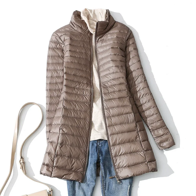 2025 Autumn Winter Women Slim Down Jackets Ultra Light White Duck Down Coat Ladies Stand Collar Long Puffer Parkas Outwear 1189