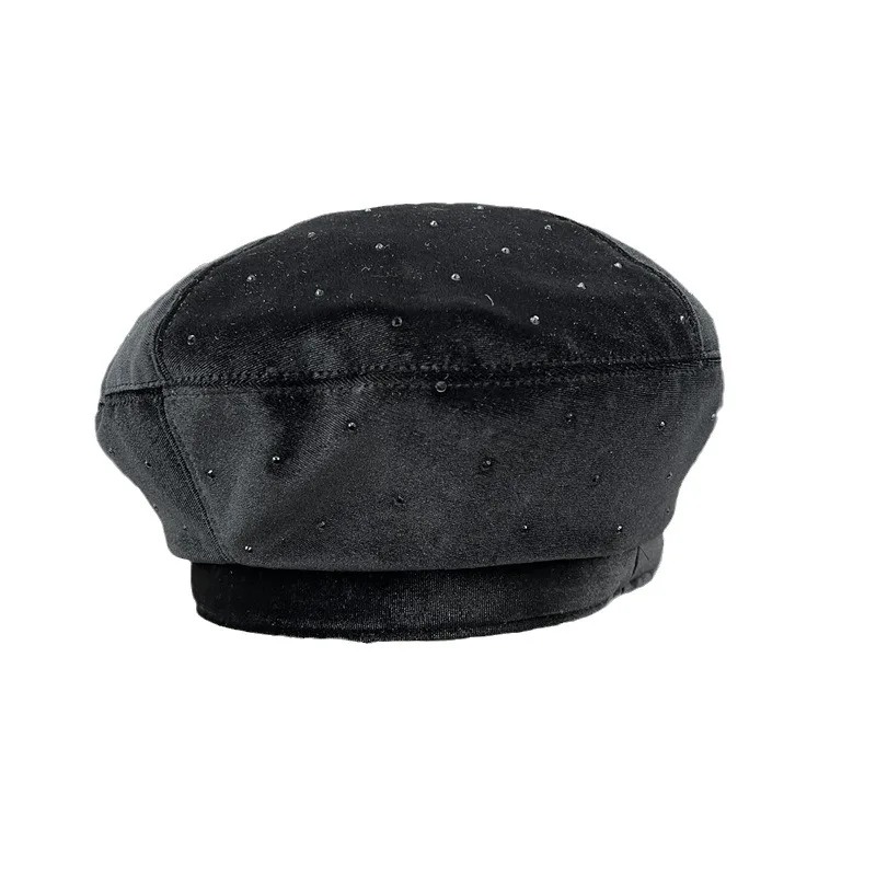 Velvet Full Diamond Beret Ladies Autumn And Winter Black Retro Literary Lady Warm Painter Hat