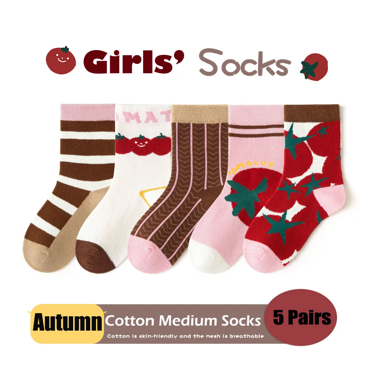 5 Pairs Autumn Socks Girls Cute Pattern Socks A Class Cotton Baby Socks Mid Calf Length Socks