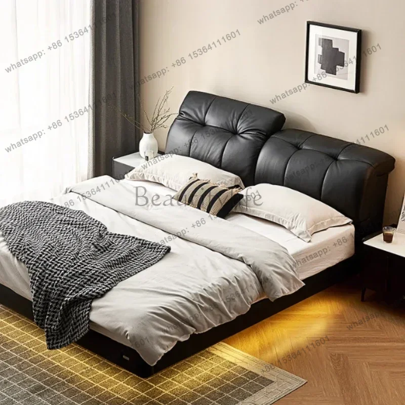 

Luxury 180x200cm Italian Style Light Leather Lamp Puff Suspension Full Size Double Bed Multifunctional Beds Bedroom Furniture