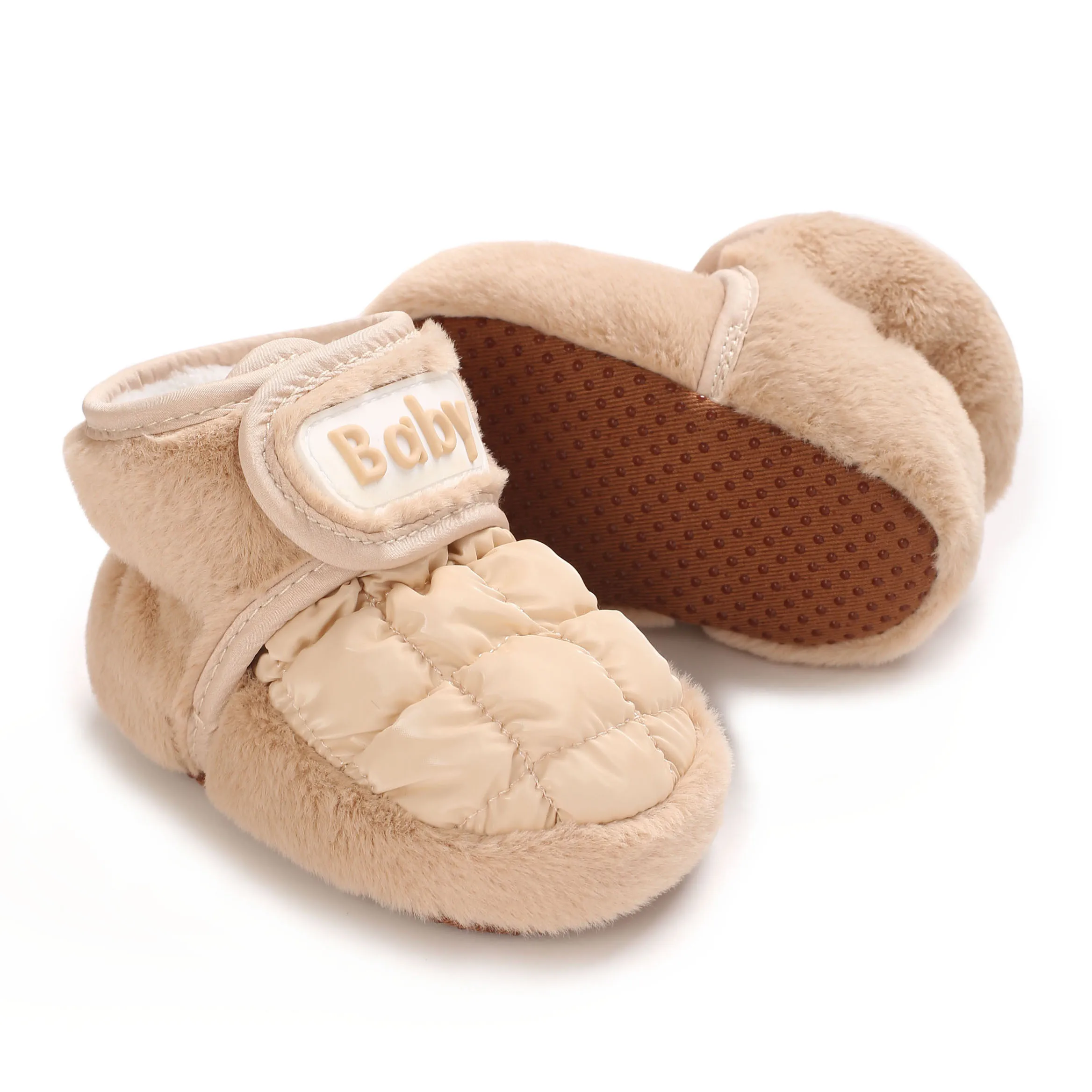 Winter baby girl's thick snow boots Khaki with plush cute furry cotton shoes 0-18M warm non slip comfortable baby walking shoe