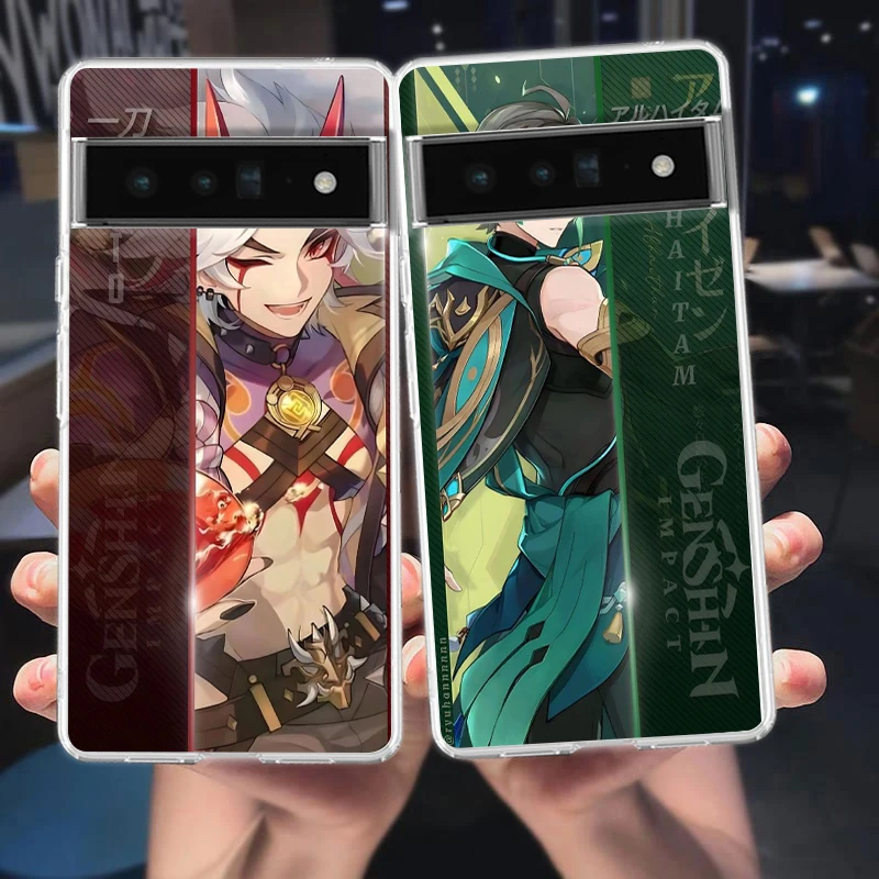 Caso Do Telefone Do Jogo Do Impacto De Genshin, Tampa Do Silicone, Shell Transparente, Amine, Google Pixel 8, 7, 6, 5, 4, 4XL, 7A, 6A, 5A, 4A, 3A, 3AXLPro, 5G