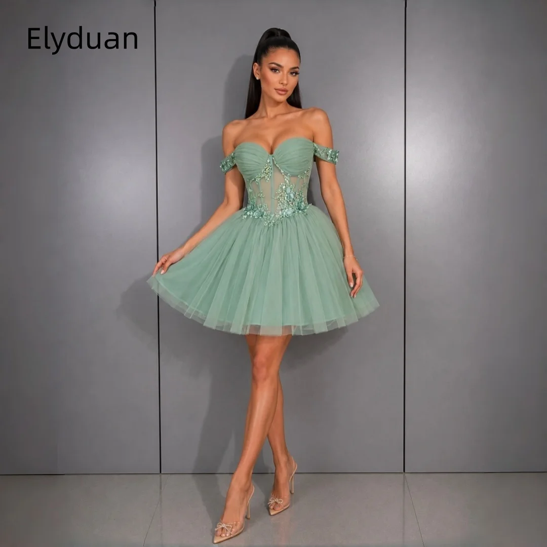 Sage Green Off Shoulder Tulle Homecoming Dress 3D Floral Lace Appliques Sweetheart A‑Line Short Cocktail Prom Gown Customized