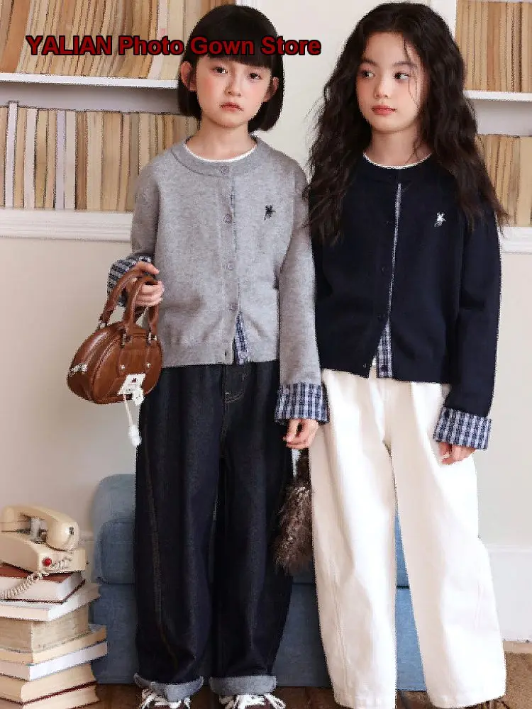 Girls Two-Piece Look Cardigan Spring Autumn Kids Fake Two-Piece Jacket Top
