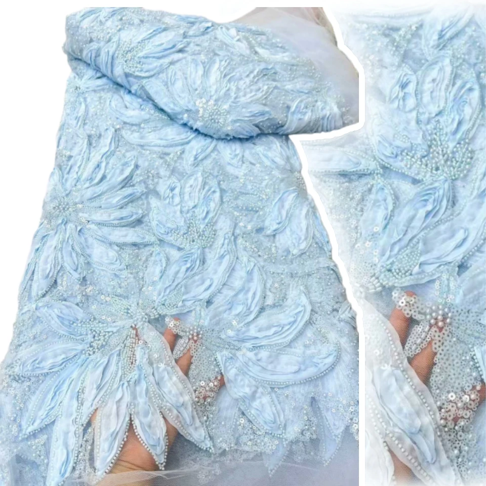 

Latest French 3D Flower Beaded Tulle Lace Fabric High Quality African Lace Fabrics With Sequins For Evening Party Dresses 2016