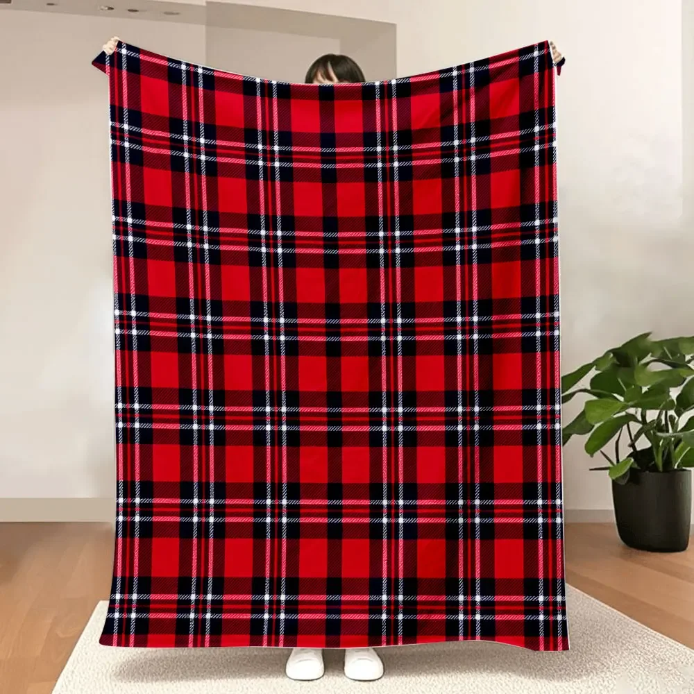Classic Tartan Plaid Throw Blanket - Bright Red with Black & White Checkered Pattern, Symmetrical Traditional Design, Soft &