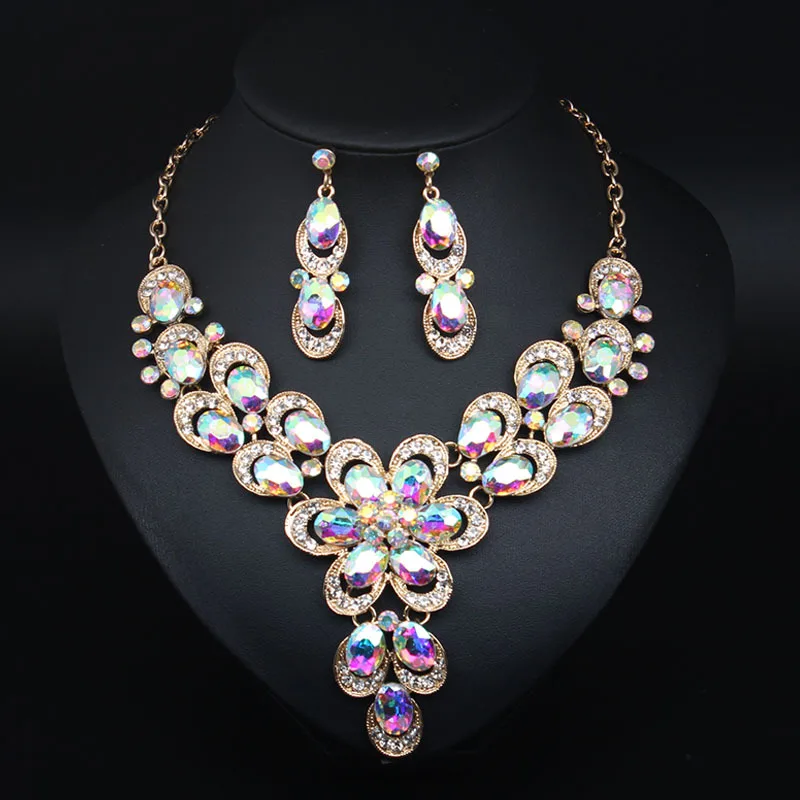 

Luxury Full Crystal Jewelry Set for Women Banquet Trendy Flowers Necklace Earrings Sets Clavicle Chain Jewelry Accessories Gifts