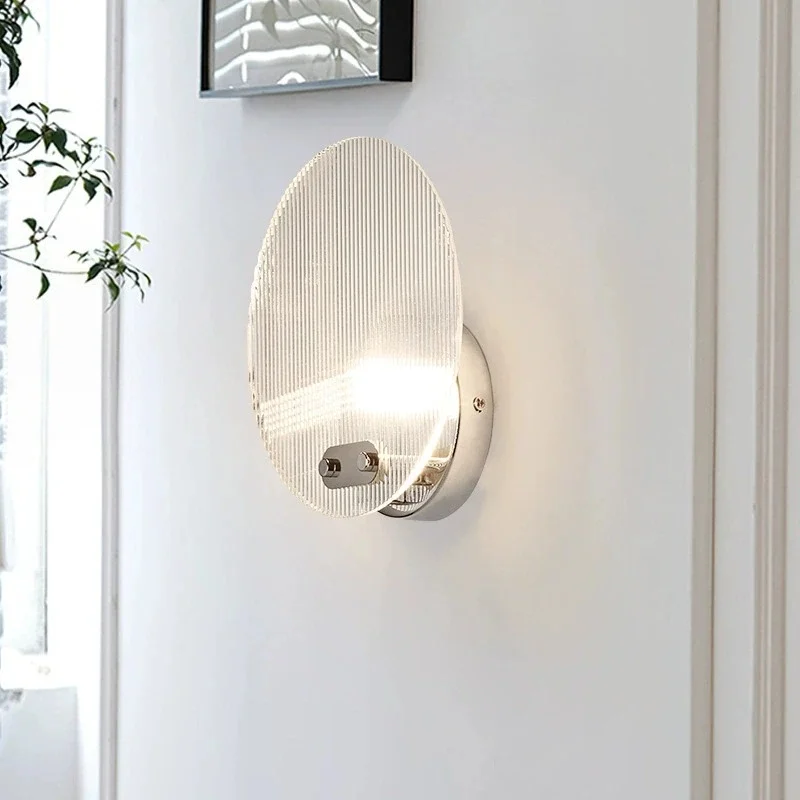 Minimalist Oval Reeded Glass LED Wall Sconce Chrome Lamp Bedside Hallway Decor Light