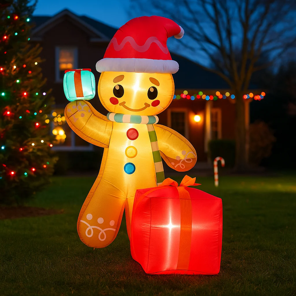 1.8M/5.9FT Inflatable Gingerbread Man with Gift Box Lights LED Home Decorations Toys Yard Xmas Supplies Outdoor Holiday Decor