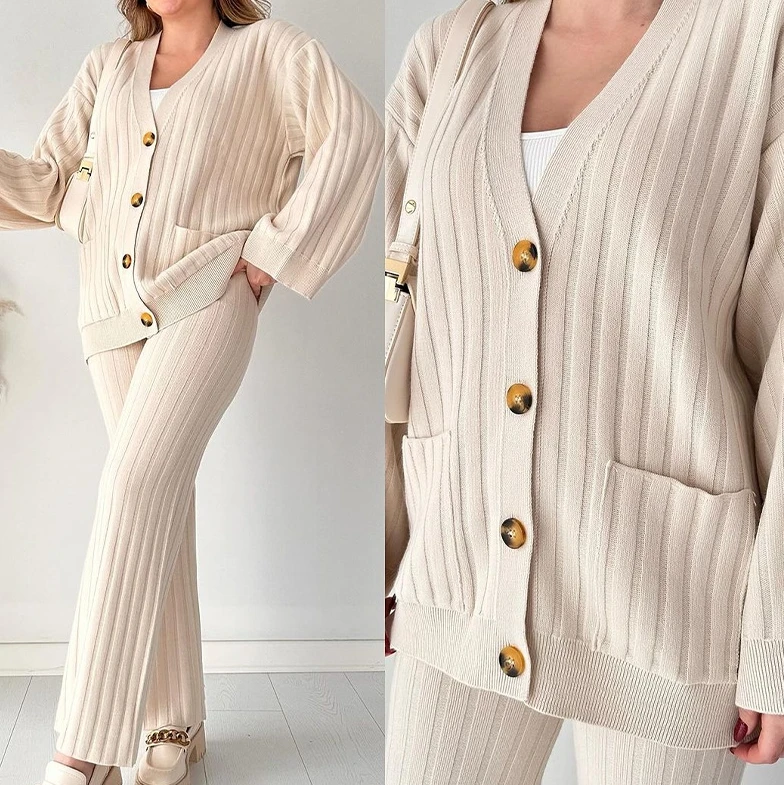 

Womens Two Piece Casual Versatile Solid Color Loose Button V-neck Long Sleeve Knit Cardigan Sweater Top and High Waist Pants Set