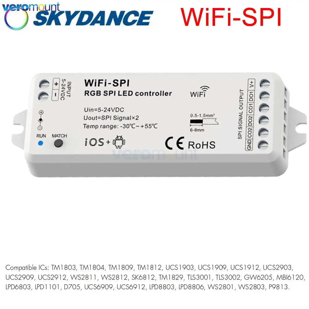 

Skydance DC5V-24V 1024 Pixels WiFI-SPI LED Controller WiFi APP Control for WS2811 WS2812 TM1812 SK6812 Digital IC Pixel Strip