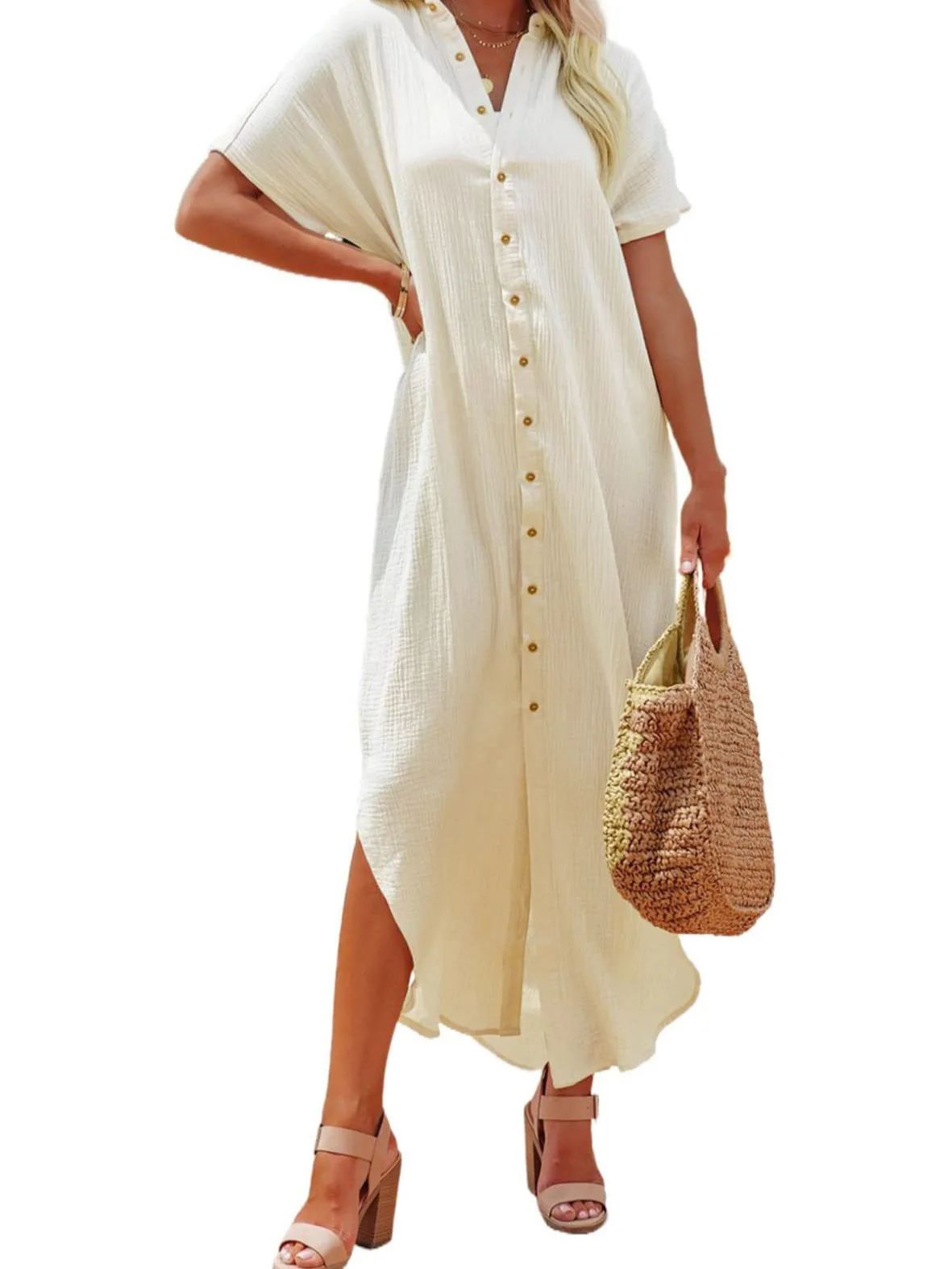 2026 Estate Nuovo! Camicia oversize da donna, camicetta a maniche corte con scollo a V in puro colore, top ampio lungo taglie forti, casual chic (S-3XL)