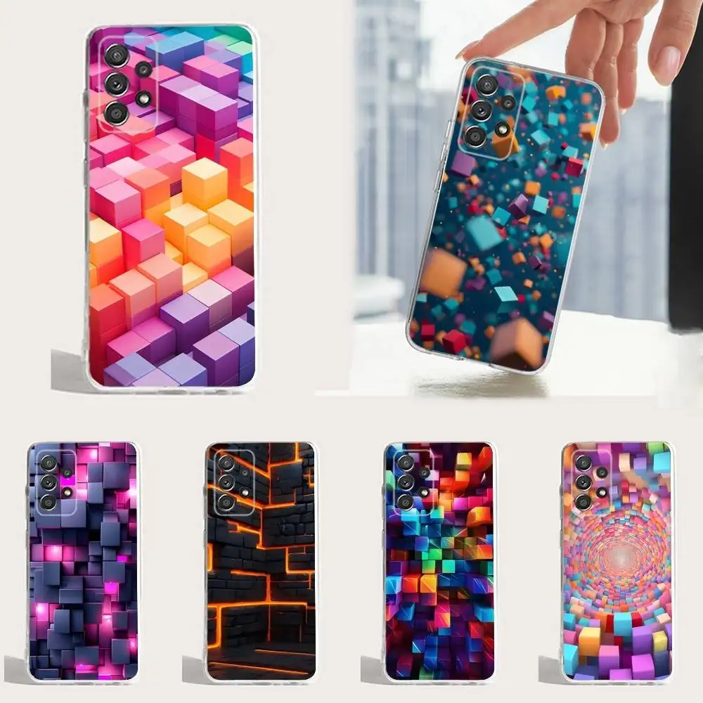 

3D Art Colorful Blocks Phone Case For Samsung A30,71,51,S9,10,20,Ultra,FE,Lite,S25,24,22,23,21,PIus,Transparent, Silicone