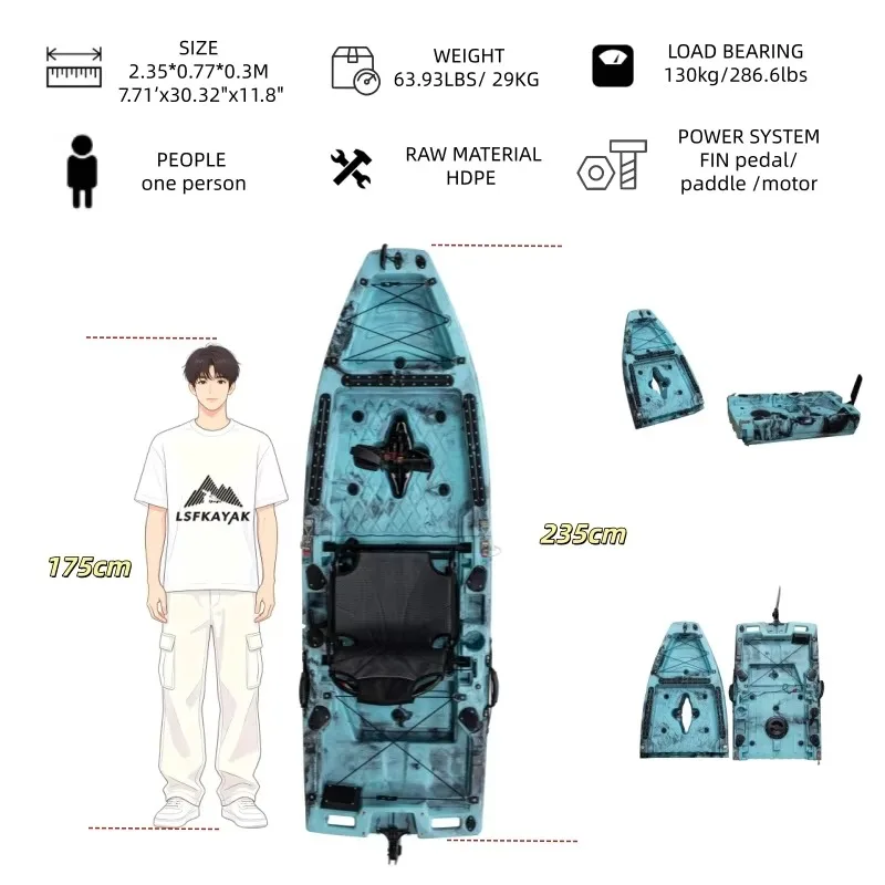 2026 China Factory 2.35 Meter Modular Kayak Detachable FIN Pedal Fishing Kayak Fishing Boat For One Person Use In Water Play