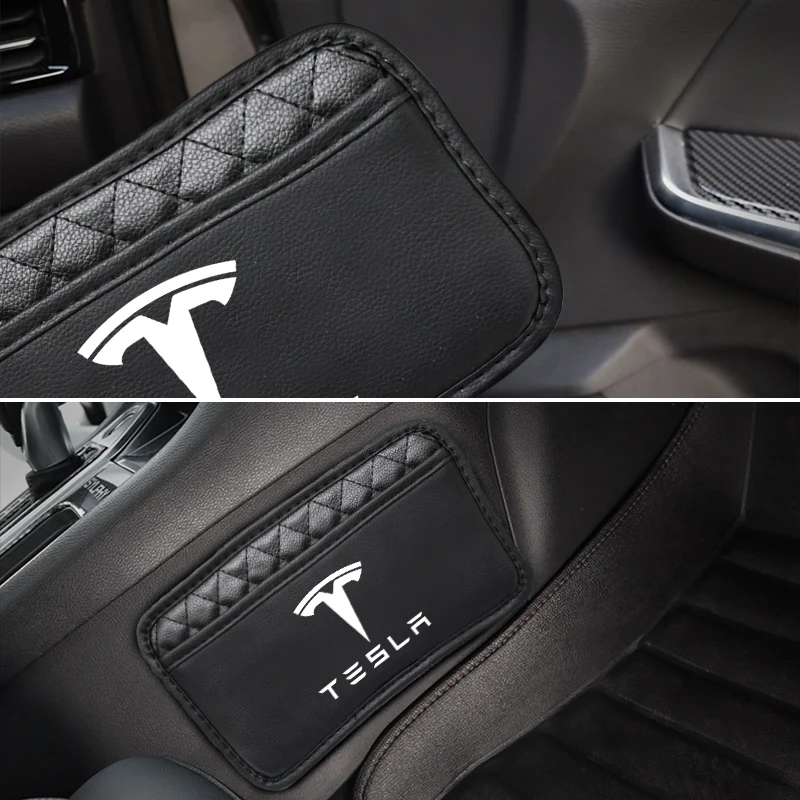 Car Logo Badge Leather Seat Back Storage Multi-Pocket For Model 3 Model S X Model Y Universal Auto Organizer Sticker Accessories