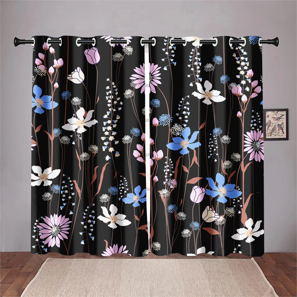 Blue Pink Floral Curtains Plant Flowers Leaves Black Background Curtains 2 Panel Living Room Bedroom Kitchen Dining Room Decor