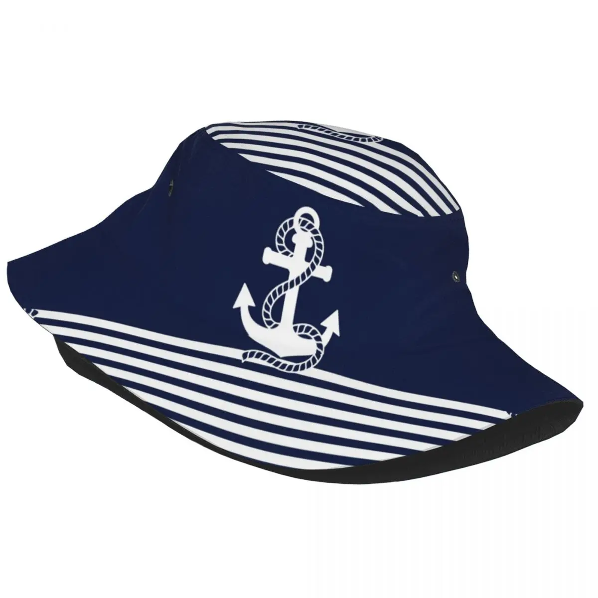 Nautical Navy Blue Stripes And White Anchor Bucket Hat for Girl Beach Sun Hat Unique for Hiking Fishing Fisherman Cap Boonie Hat