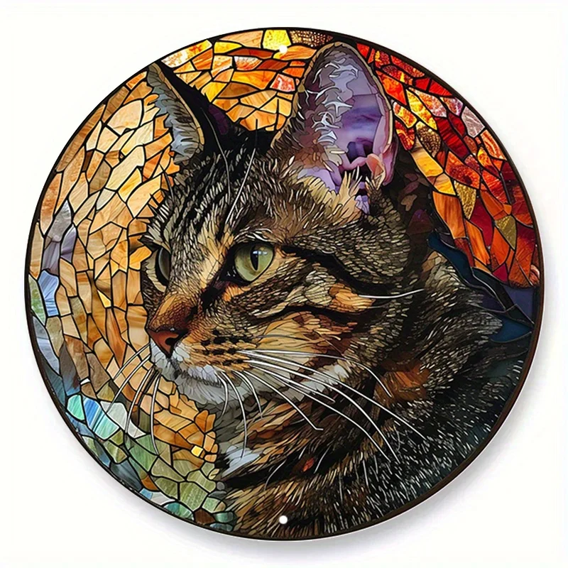 

Cat Faux Stained Glass Round Wreath Sign, Domestic Shorthair Theme Design,Pet Room, Bedroom, Living Room Decor, Cat Lover's Gift