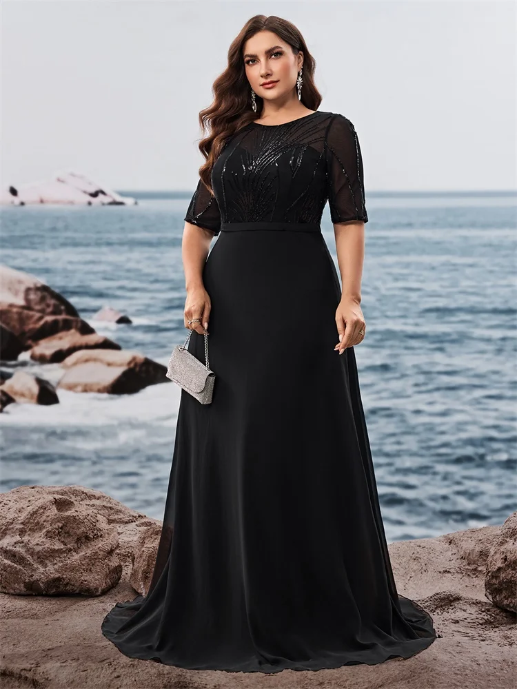 فساتين سهرة رسمية من Lucyinlove مقاس كبير أنيقة بأكمام قصيرة ترتر للنساء من الشيفون حورية البحر لوصيفة العروس فساتين ماكسي