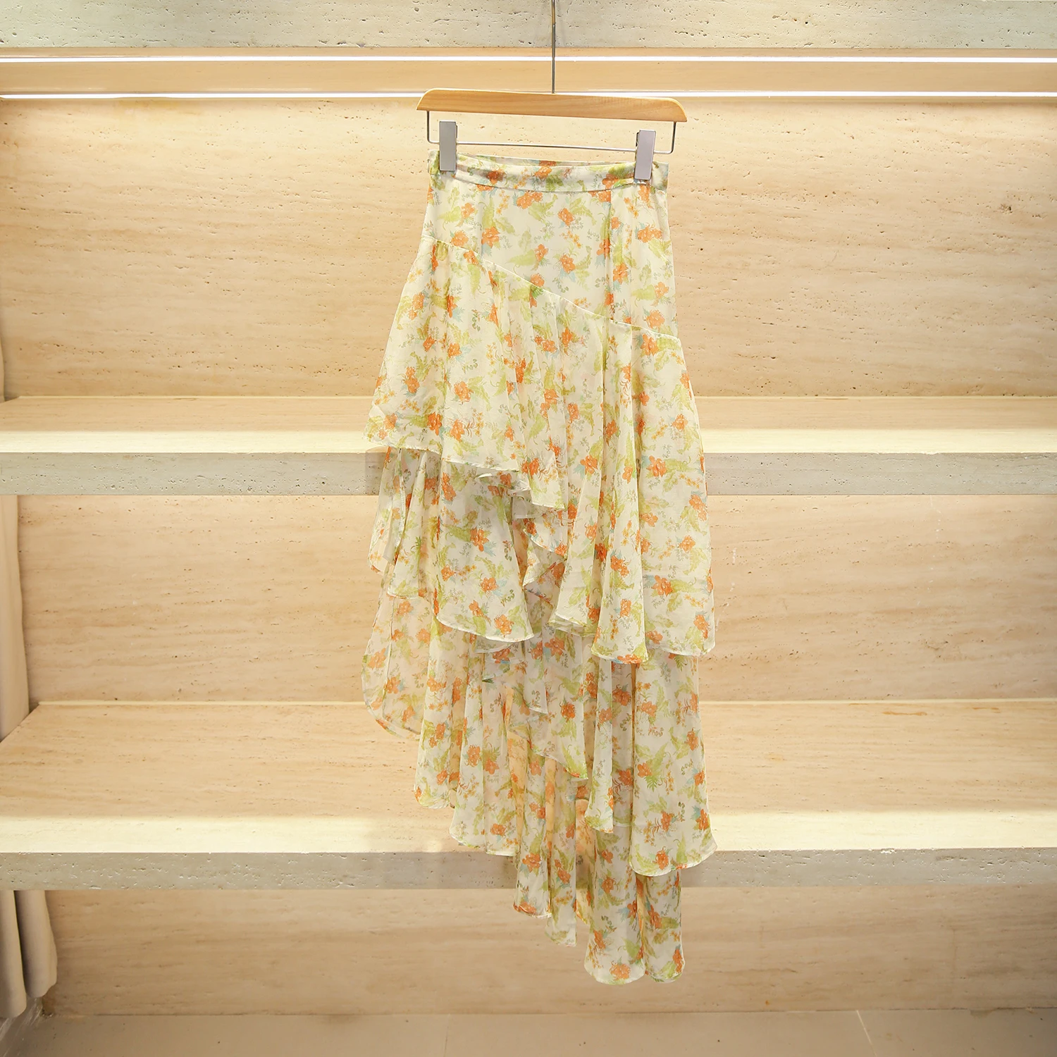 Gonna longuette a vita alta Orlo asimmetrico Stampa floreale Chiffon f-lunghezza Gonna da donna Pendolarismo Sle Gonna a trapezio dal design semplice