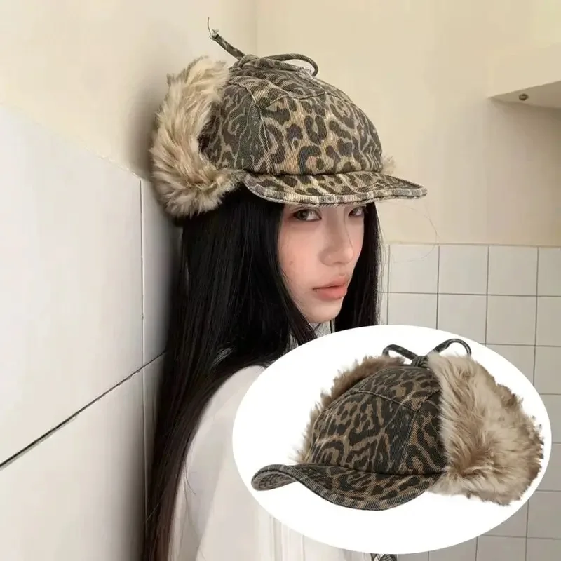 

New Leopard Print Plush Baseball Hat Corduroy Thickened Peaked Cap Velvet Short Brim Bomber Hats Women