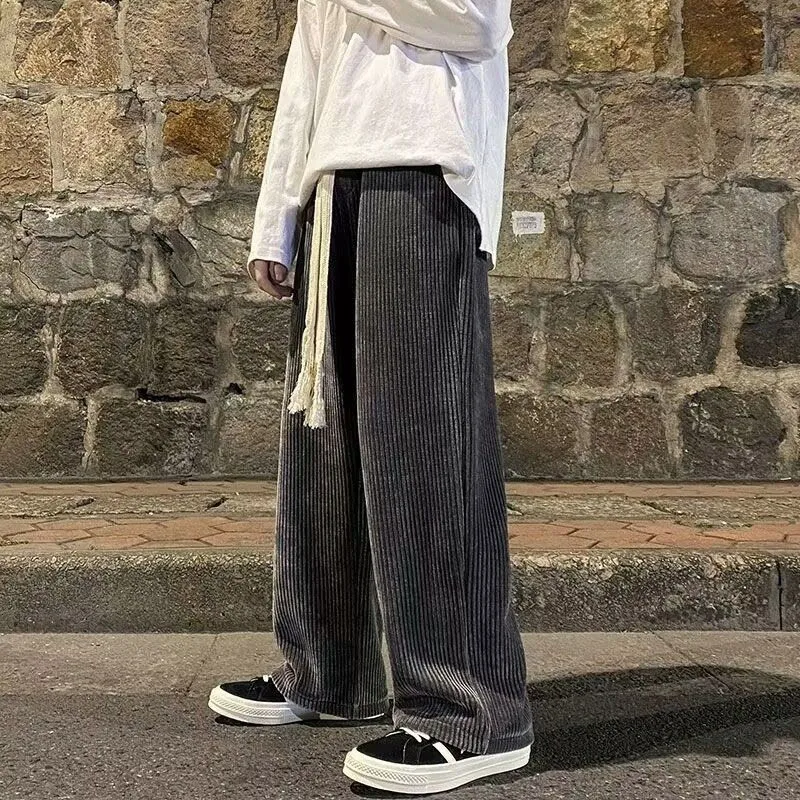 Autumn Winter Elastic Waist Corduroy Wide Leg Pants Men Solid Color Loose Casual All-match Sweatpants Homme Add Velvet Trousers