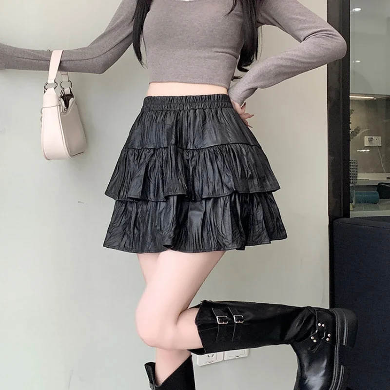 Vintage PU Leather Half-body Skirts Women Autumn Elastic Waist A-line Solid Color Skirt Casual Versatile Ball Gown Skirts Female